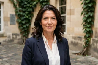 Portrait d'une femme élégante dans une cour parisienne, évoquant la discrétion et la vie loin des projecteurs