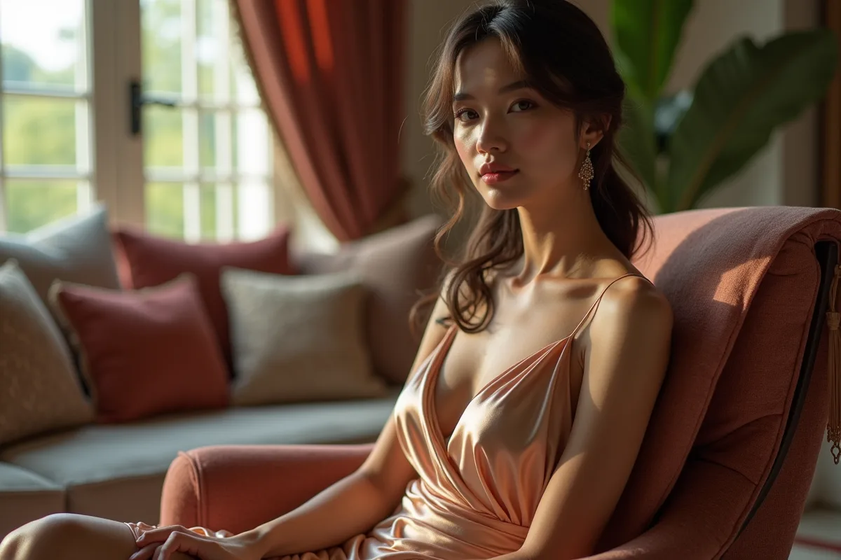 Femme élégante en robe de soie dans un salon luxueux