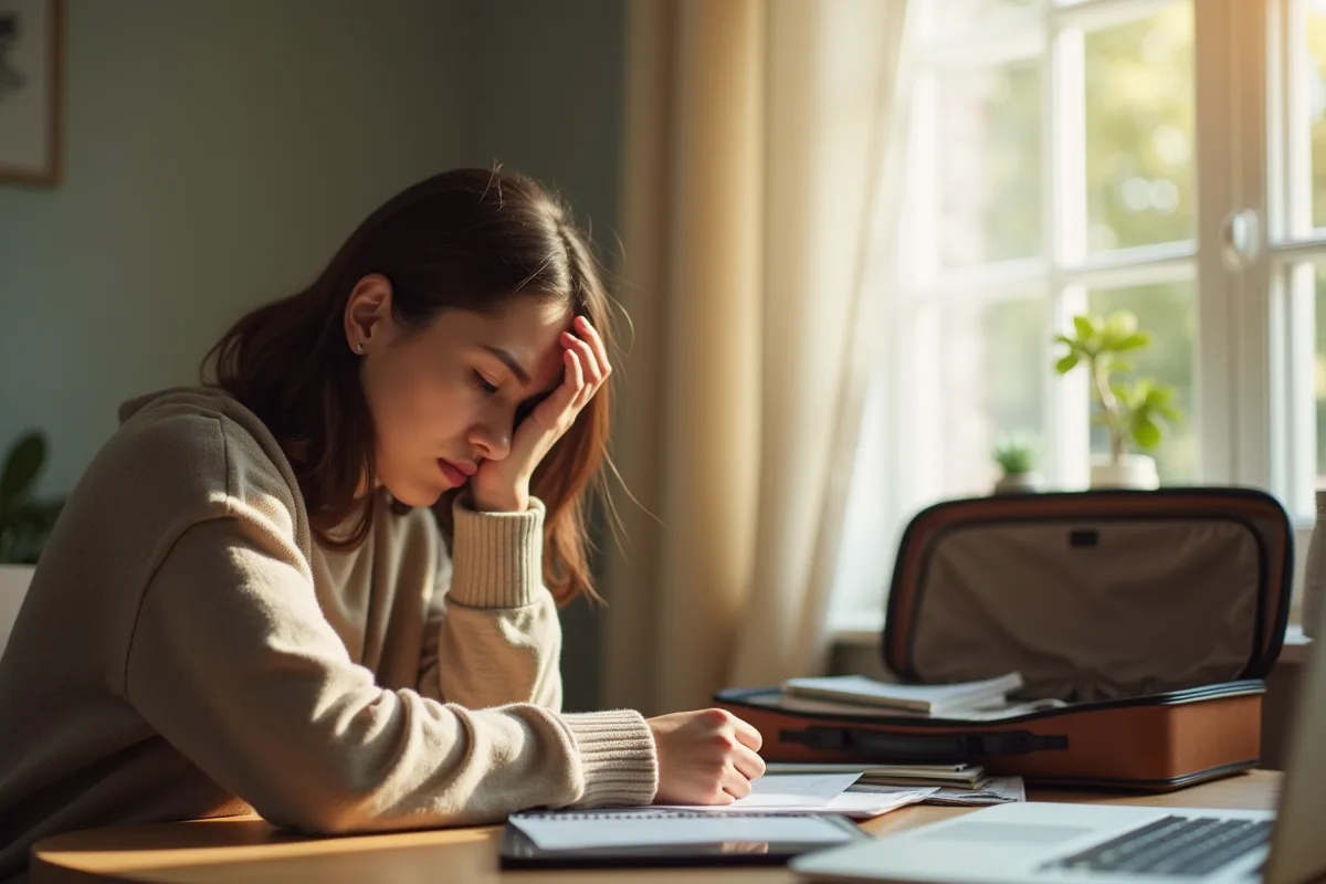 Jeune femme fatiguée à son bureau avec valise en arrière-plan