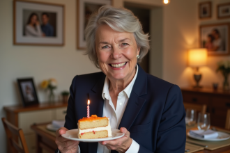Femme souriante en blazer navy lors d'une fête d'anniversaire