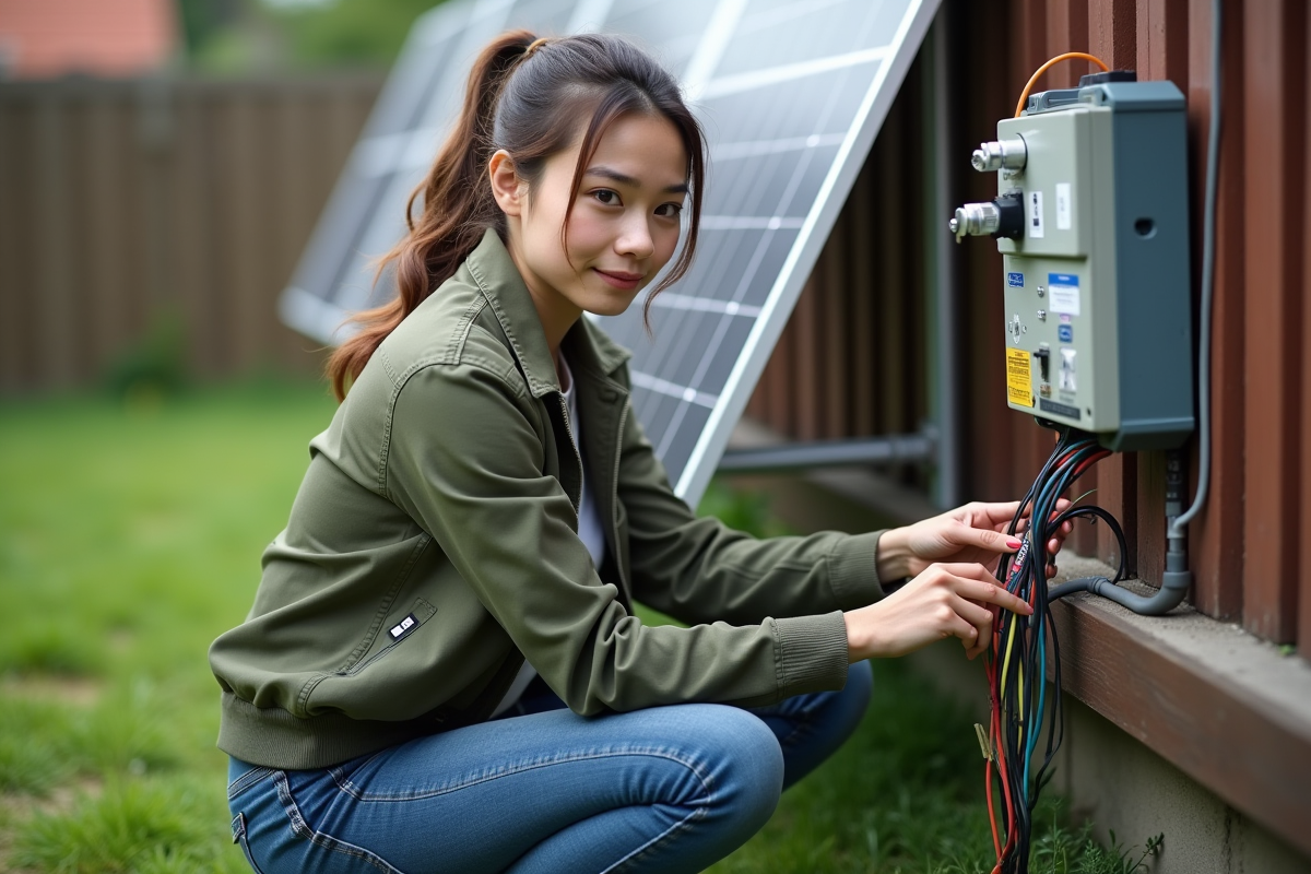 Jeune femme raccordant des fils électriques à un panneau solaire dehors