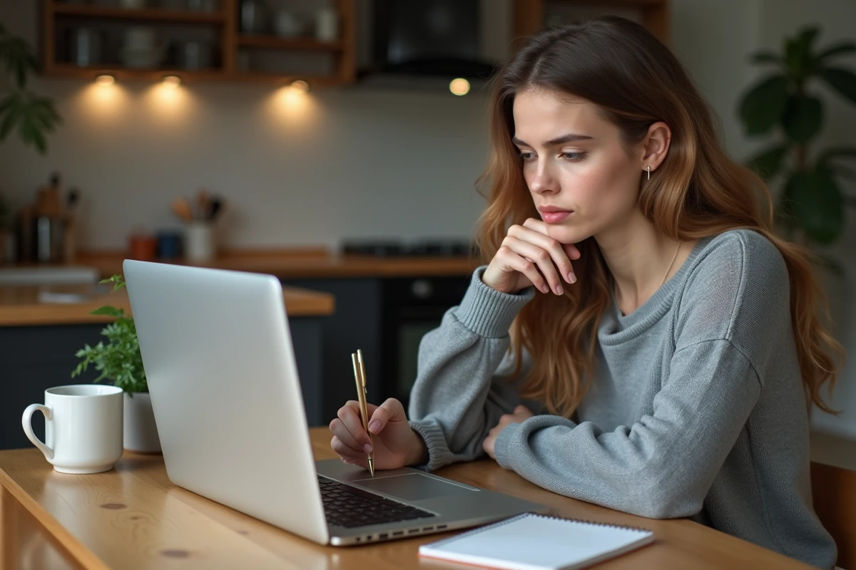 Jeune femme concentrée jouant à Sutom sur son ordinateur