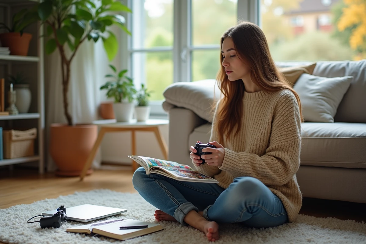 Femme jouant avec un guide de jeu Aeonscope dans le salon