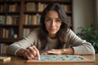 Femme adulte réfléchissant devant un plateau de Scrabble avec des lettres disposées sur une table en bois, dans un intérieur cosy