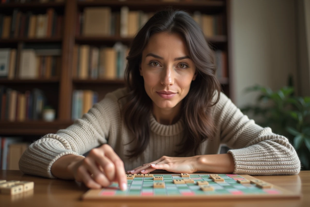 Femme adulte réfléchissant devant un plateau de Scrabble avec des lettres disposées sur une table en bois, dans un intérieur cosy