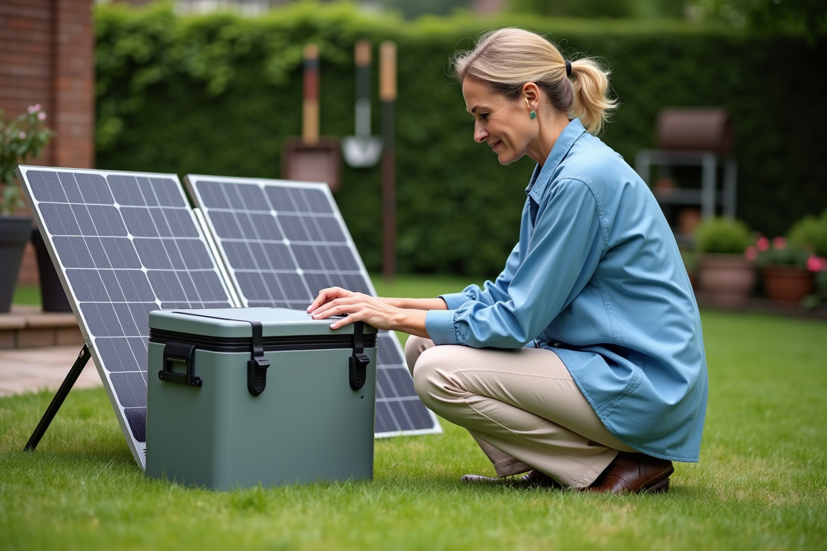 Femme plie un panneau solaire dans son jardin en extérieur