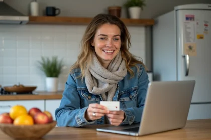 Femme souriante avec carte de fid&eacute;lit&eacute; &agrave; la maison