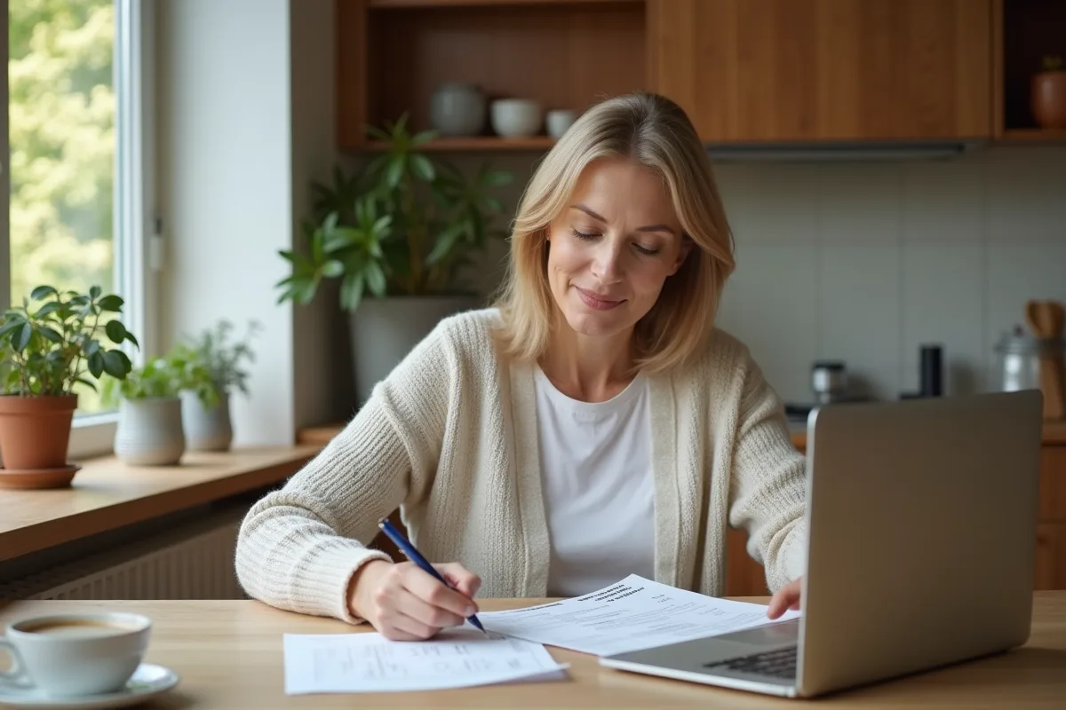 Femme âgée examine des traductions imprimées à la maison