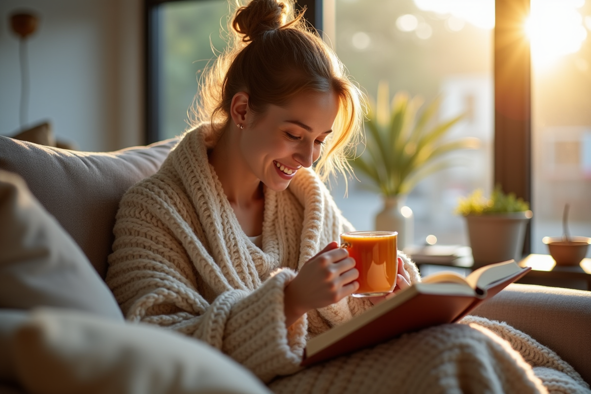 Jeune femme lisant et buvant un remède maison