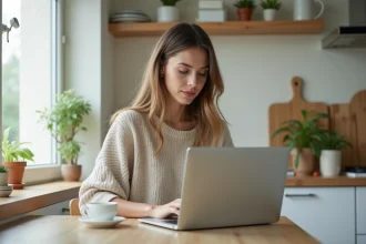 Jeune femme lisant des actualités sur son ordinateur dans une cuisine lumineuse