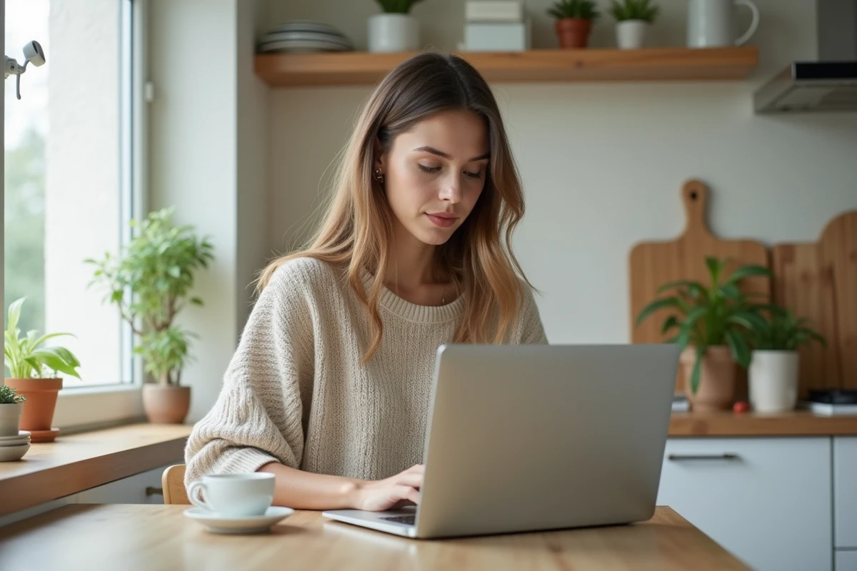 Jeune femme lisant des actualit&eacute;s sur son ordinateur dans une cuisine lumineuse