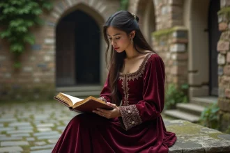 Jeune femme en robe médiévale bordeaux lisant un manuscrit ancien dans une cour de château en pierre