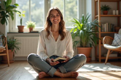 Femme m&eacute;ditant dans un salon lumineux et apaisant