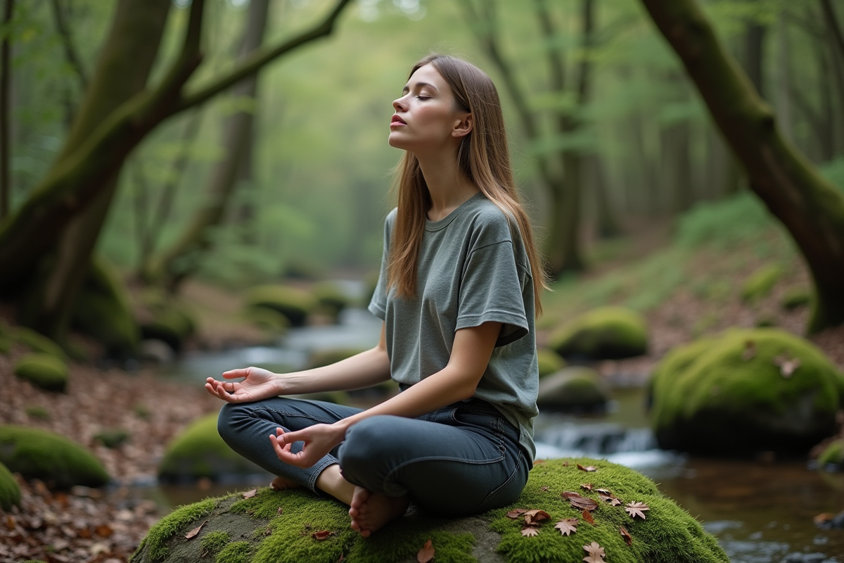 Jeune femme méditant dans la forêt paisible