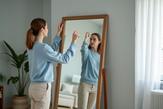 Jeune femme ajustant un grand miroir dans un salon moderne