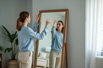 Jeune femme ajustant un grand miroir dans un salon moderne