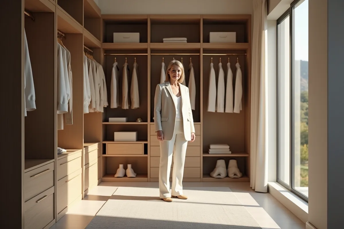 Femme élégante dans un dressing minimaliste lumineux