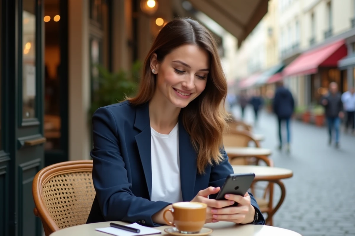 Femme adulte souriante jouant à Monopoly GO sur smartphone dans un café parisien en terrasse