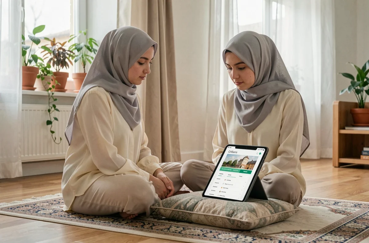 Femme musulmane consultant les horaires de prière en ligne sur tablette à Orléans