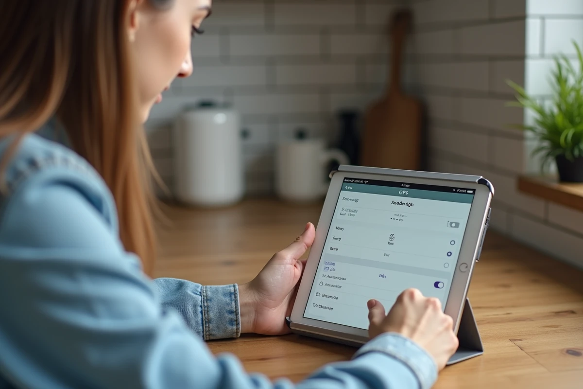 Femme consultant les paramètres de conversion mph en kmh sur une application GPS depuis une tablette posée sur une table en bois
