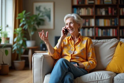 Femme fran&ccedil;aise souriante en salon lumineux