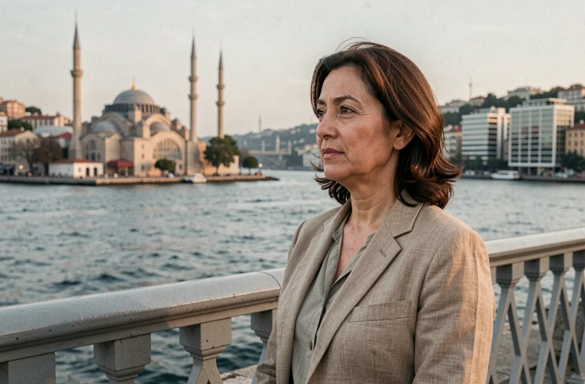 Femme turque sur le pont de Galata à Istanbul avec en arrière-plan les rives européenne et asiatique symbolisant le carrefour géographique de la Turquie