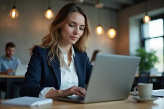 Femme professionnelle retravaillant son profil LinkedIn dans un espace de coworking moderne pour optimiser ses synonymes de stage