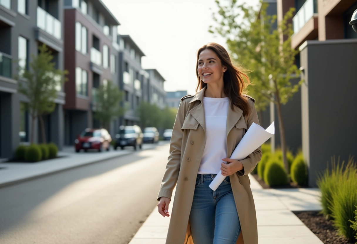 Jeune femme marchant avec document de planification urbaine