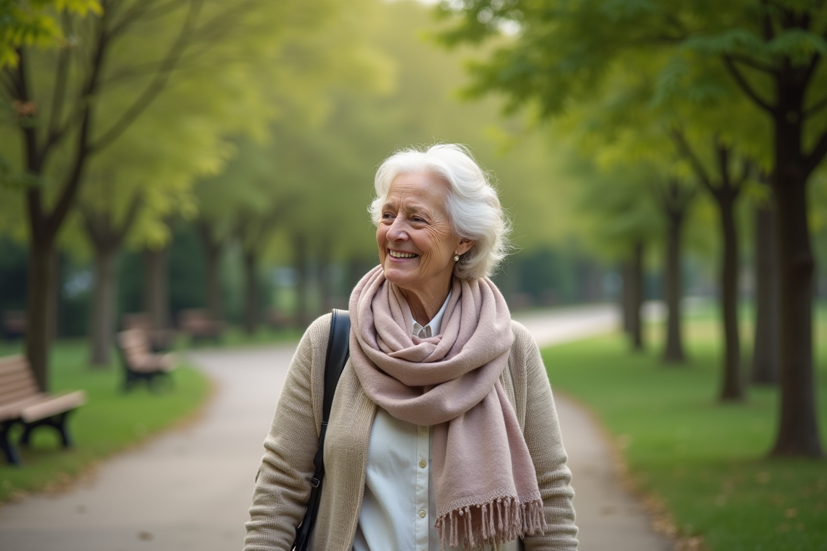 Femme âgée marchant dans un parc verdoyant