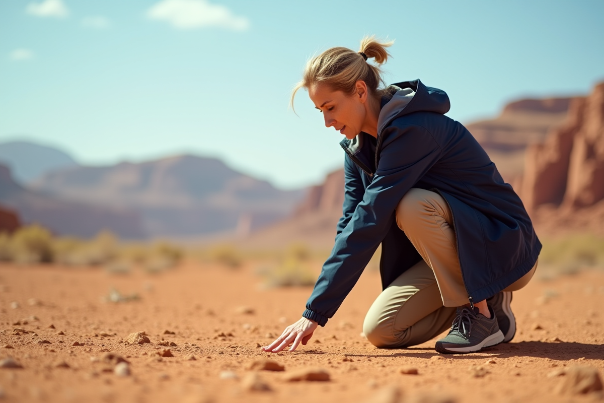 Femme en randonnée dans un désert aride et ensoleille