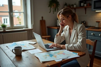 Femme consultant un site de comparaison de villes pour préparer un déménagement de région en 2026