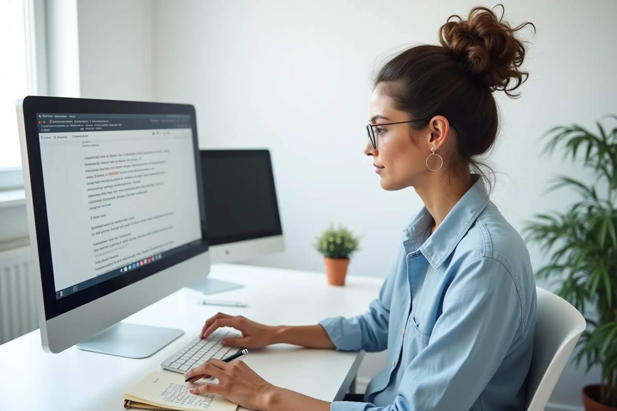 Femme prenant des notes en recherchant un topic supprimé sur une archive JVC depuis son bureau