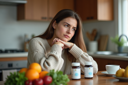 Jeune femme pensant &agrave; la sant&eacute; dans sa cuisine