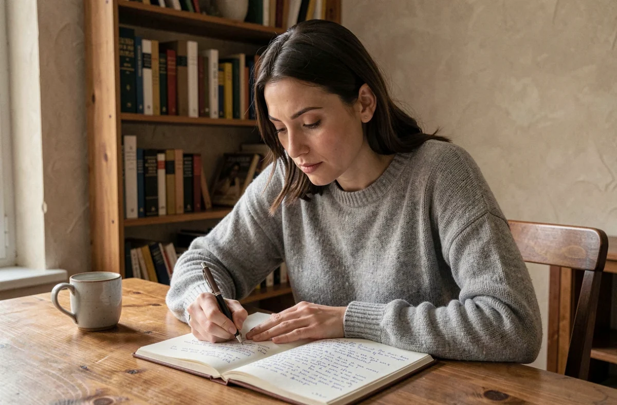 Femme concentrée qui écrit dans un cahier en révisant des temps verbaux français à son bureau