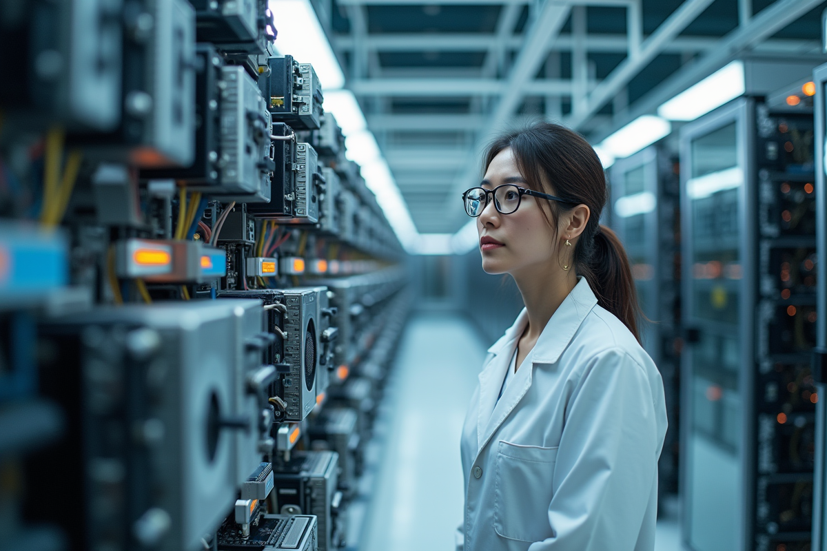 Femme scientifique près d’un ordinateur quantique
