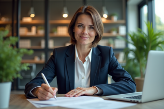 Femme d'affaires signant un contrat dans un bureau moderne