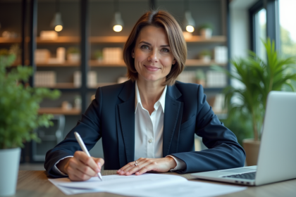 Femme d'affaires signant un contrat dans un bureau moderne