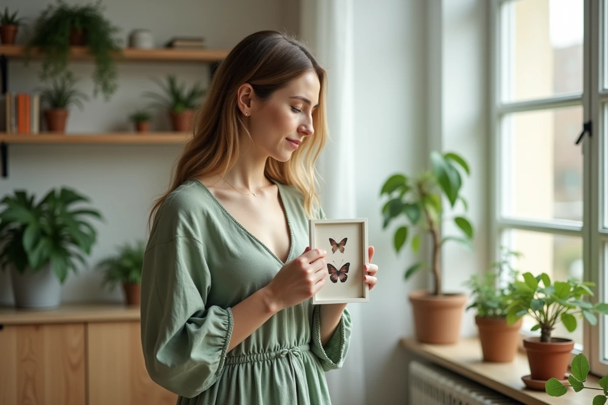 Femme tenant un tableau décoratif avec des papillons aquarelle dans un appartement feng shui lumineux et végétal