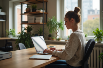 Jeune femme travaillant sur un ordinateur dans un espace moderne