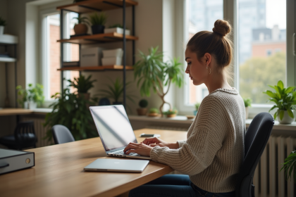 Jeune femme travaillant sur un ordinateur dans un espace moderne