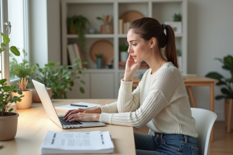 Femme travaillant à domicile dans un bureau lumineux et minimaliste