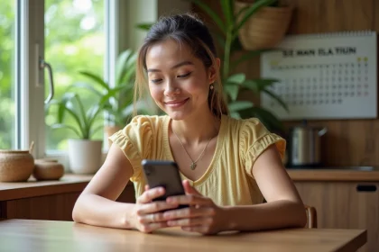 Jeune femme souriante lors d'un appel vidéo à la maison