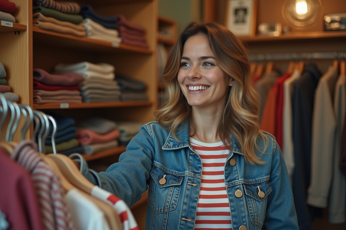 Femme souriante dans une boutique vintage chaleureuse