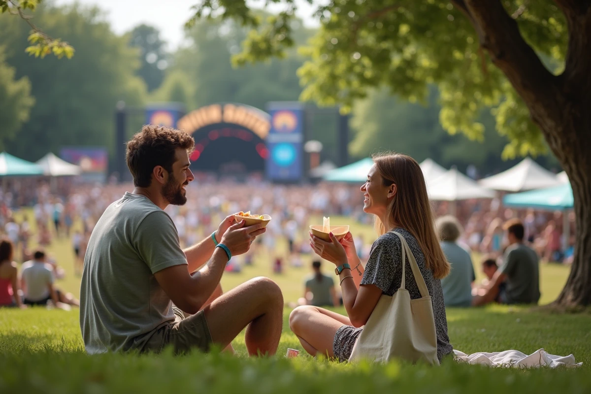Deux amis profitant de la restauration et de l'ambiance conviviale d'un festival de musique à Lyon