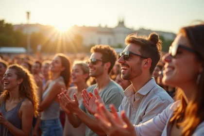 Foule festive profitant d'un concert en plein air lors d'un festival de musique à Lyon en été