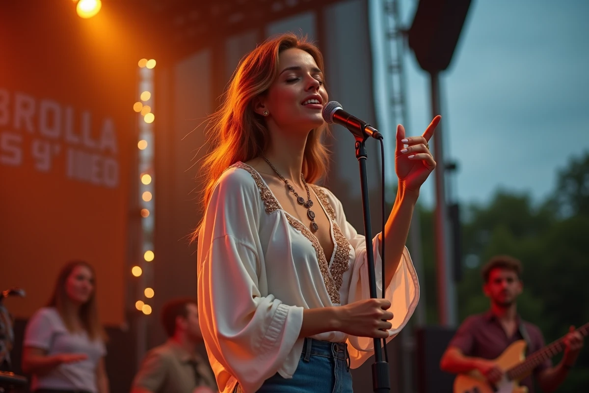 Musicienne sur scène en plein air pendant un festival de musique estival à Lyon