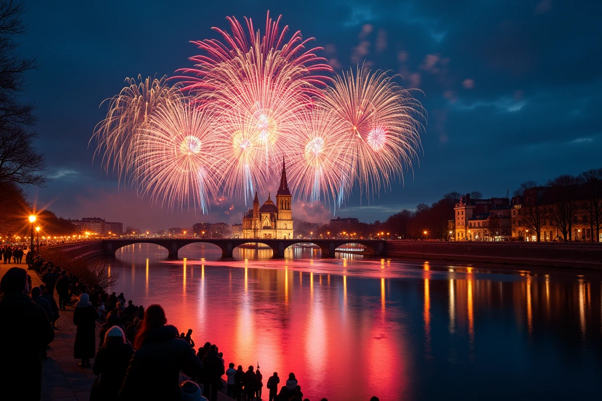 Feu d'artifice du Nouvel An 2026 à Lyon au-dessus de la Saône avec la basilique de Fourvière en arrière-plan