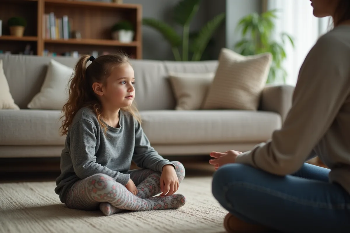 Fille de 11 ans parlant avec un adulte dans un salon chaleureux