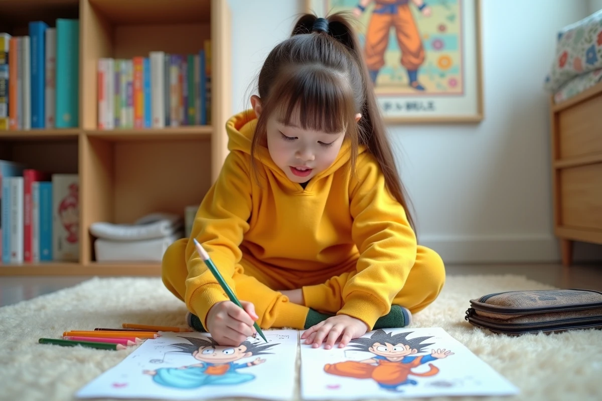 Fille coloriant des fiches Dragon Ball par terre dans sa chambre entourée de crayons