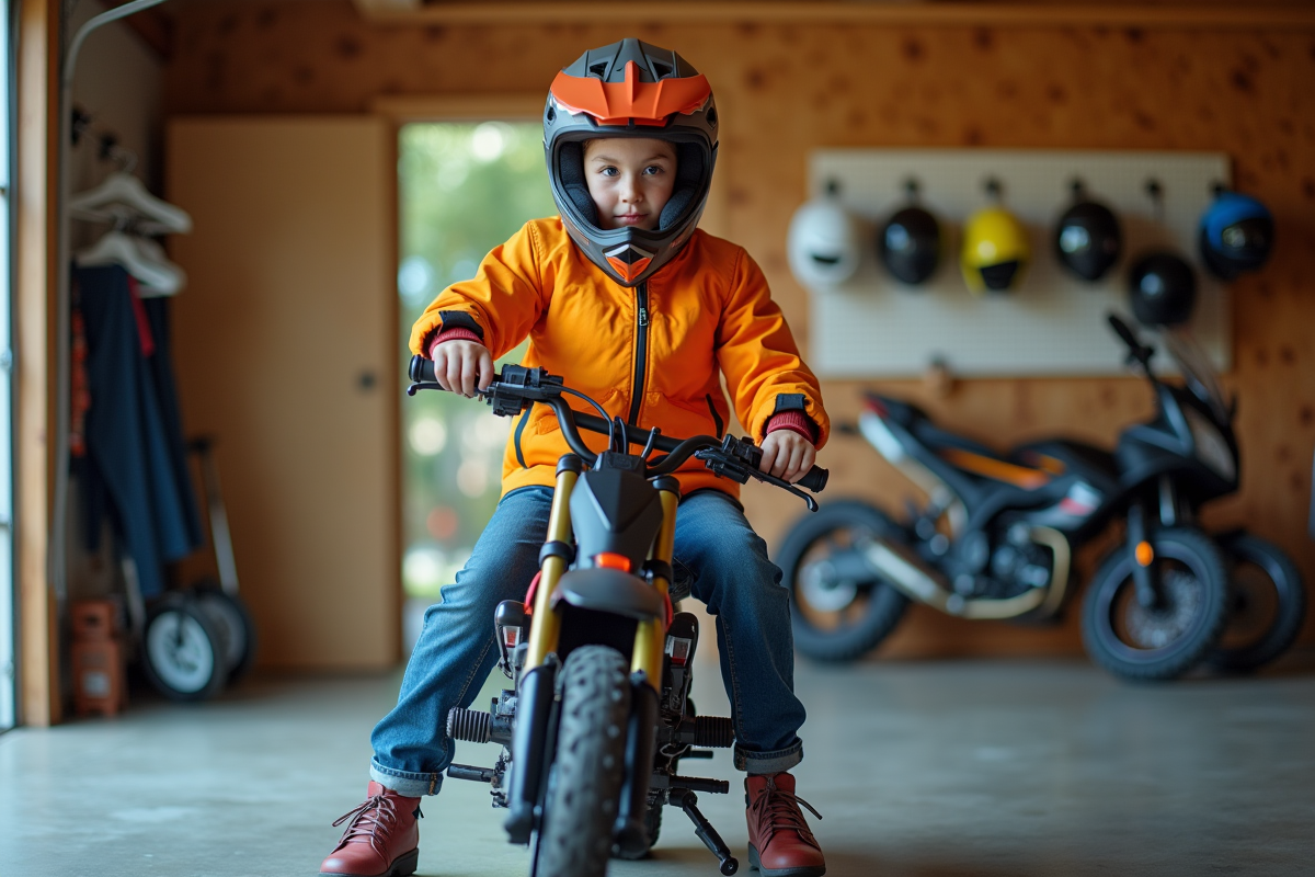 Fille ajustant son casque dans un garage